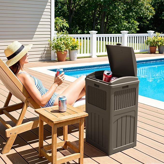 Greesum 33 Gallon Outdoor Trash Can with Lid, Waterproof Resin Garbage Bin for Hideaway, Deck, Patio, Dark Brown