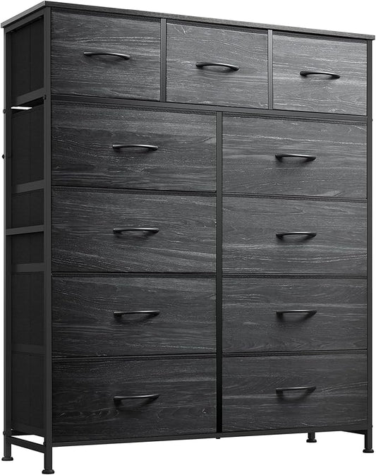 WLIVE Tall Dresser for Bedroom, Fabric Dressers Storage Tower, Dresser & Chest of Drawers with 11 Drawers, Storage Cabinet, Hallway, Closets, Steel Frame, Wood Top, Charcoal Black Wood Grain Print