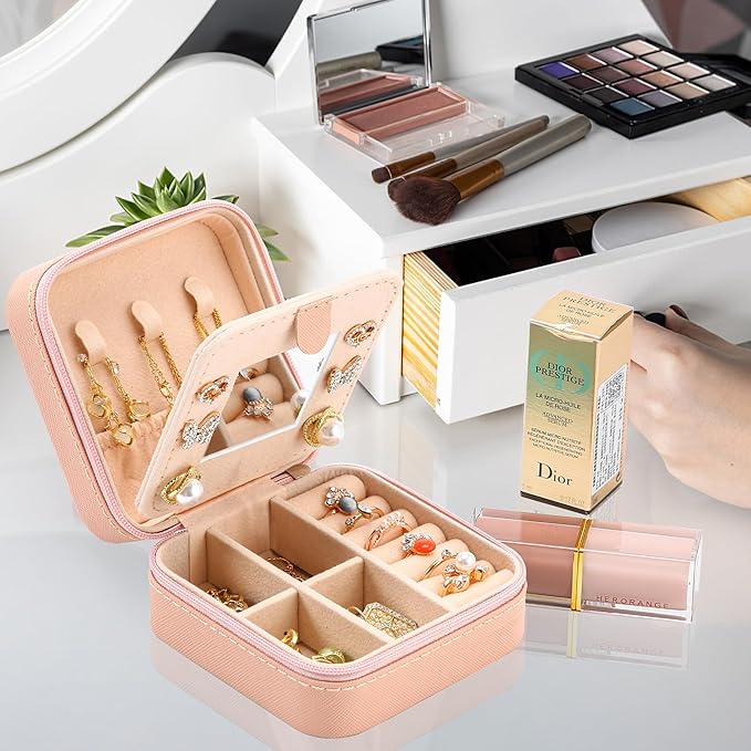 Neveika Jewelry Box with Mirror,Small Jewelry Organizer Box，Travel Jewelry Case for Women，Gift Jewelry Boxes for Female Girls (2pcs mirror pink)