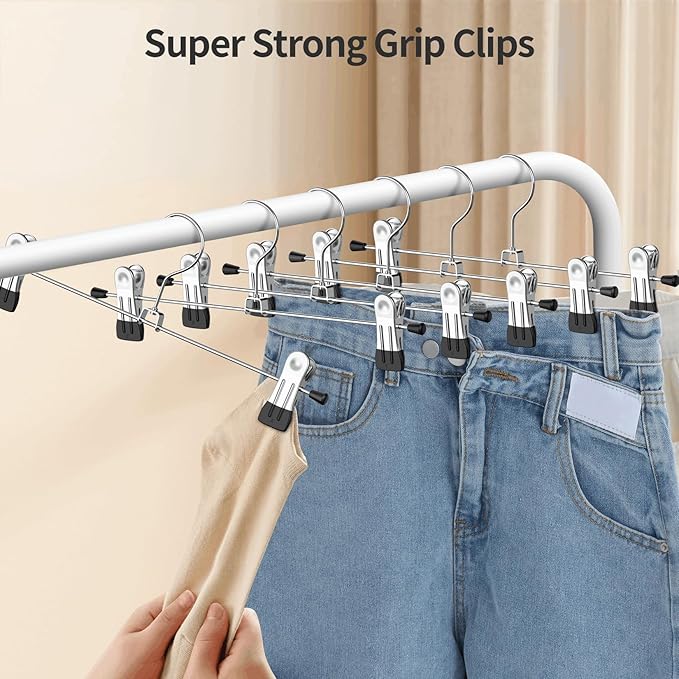 IEOKE Pants Hangers with Clips: 12Pack Skirt Hangers for Women Metal Adjustable Trouser Hangers for Jeans Shorts Dress - Black