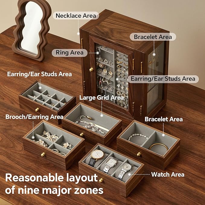 Wooden Jewelry Box for Women, 360 Rotating Design,Large Jewelry Organizer with Velvet Lining, 5 Drawers, Transparent Glass Doors, Black Walnut Wood Grain, Jewelry Storage Organizer