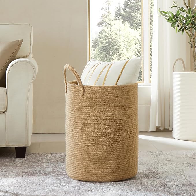 15Dx20H Inches Jute Woven Laundry Hamper Basket Wicker Rope Clothes Hamper Tall Rattan Blanket Basket in Living Room Bedroom 62L Large Capacity