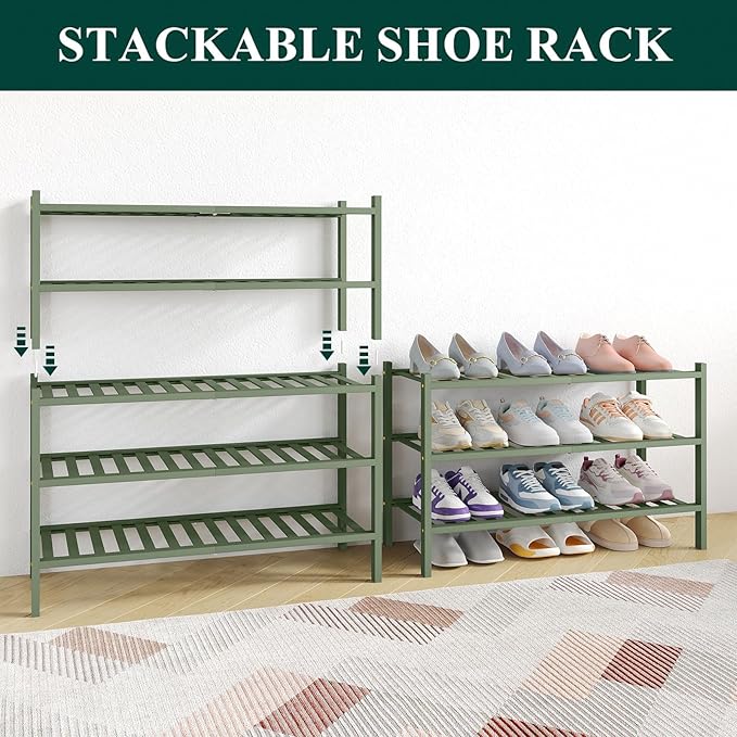 Smiry Bamboo Shoe Rack for Closet, 3 Tier Wooden Stackable Shoe Organizer, Free Standing Shoes Storage Shelf for Entryway, Front Door Entrance, Green
