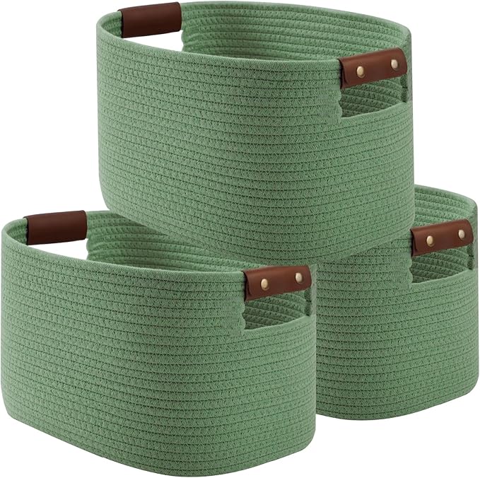 ECDYQXVU Cotton Rope Basket, Storage Baskets with Handle, 15x10x9 Inch Woven Basket for Shelves, Laundry, Towels, Clothes, Books (Green 3Pack)