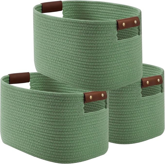 ECDYQXVU Cotton Rope Basket, Storage Baskets with Handle, 15x10x9 Inch Woven Basket for Shelves, Laundry, Towels, Clothes, Books (Green 3Pack)