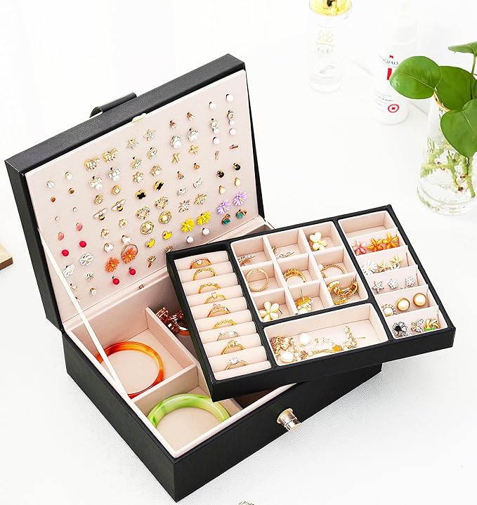 QBestry Womens Earrings Jewelry Box for Girls Jewelry Earring Organizer Box Earring Holder Organizer for Girls Jewelry Organizer Boxes for Women Girls Stud Earrings Organizers Jewelry Box Black