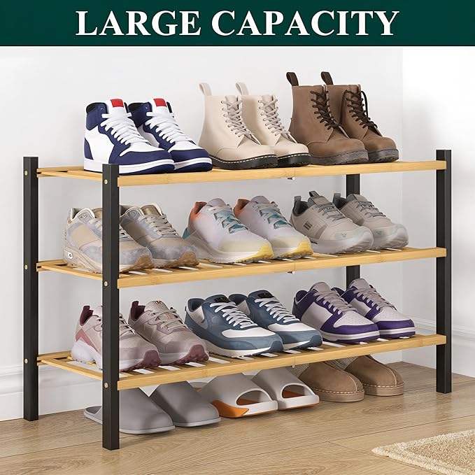 Smiry Bamboo Shoe Rack for Closet, 3 Tier Wooden Stackable Shoe Organizer, Free Standing Shoes Storage Shelf for Entryway, Front Door Entrance, Natural & Black