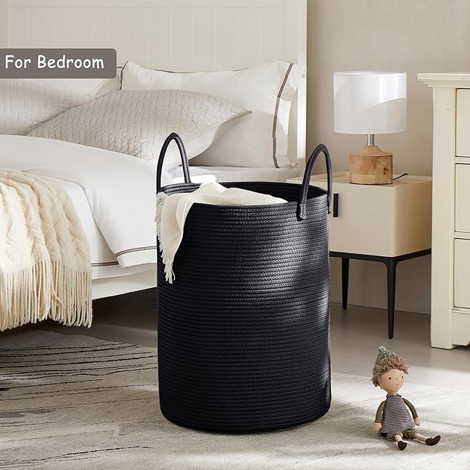 60L Black Woven Cotton Rope Laundry Hamper Basket for Clothes Tall Modern Blanket Storage Basket in Living Room Bedroom 15Dx20H inches