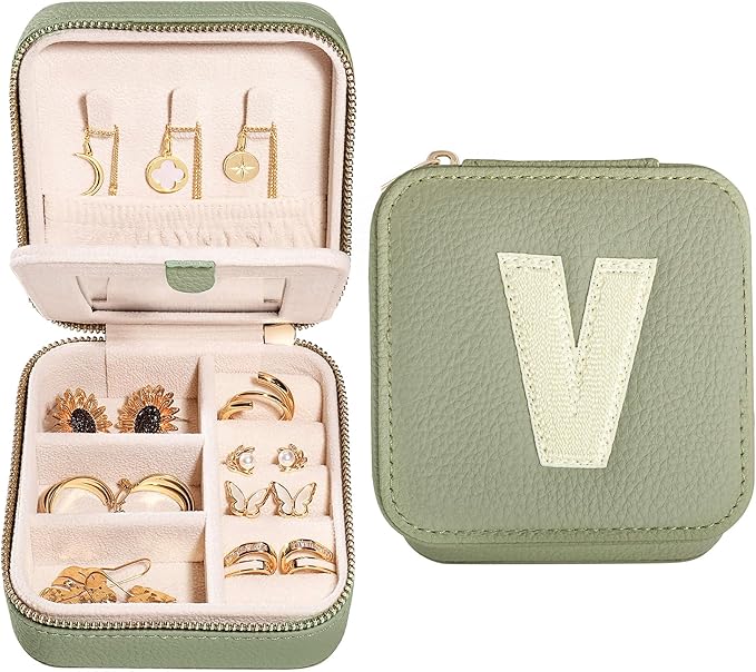 S.Leaf Initial Travel Jewelry Case Jewelry Boxes for Women Small Jewelry Box Travel Jewelry Box Jewelry Gift Boxes Jewelry Travel Case Jewelry Organizer Box Portable Travel Jewelry Case Letter V