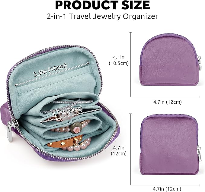 Small Travel Jewelry Case Set 2-in-1 Detachable Velvet Pouches, Portable Jewelry Organizer Bag for Rings Earrings Bracelets, Gift Box for Women (Lavender Purple)