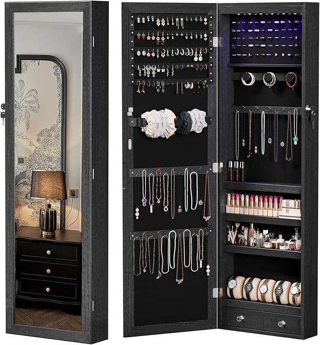 DUMOS 6 LEDs Mirror Jewelry Cabinet, Wall or Door Mounted Jewelry Organizer, 47.2-Inch Tall Lockable Large Capacity Cosmetic Storage, Gift Idea