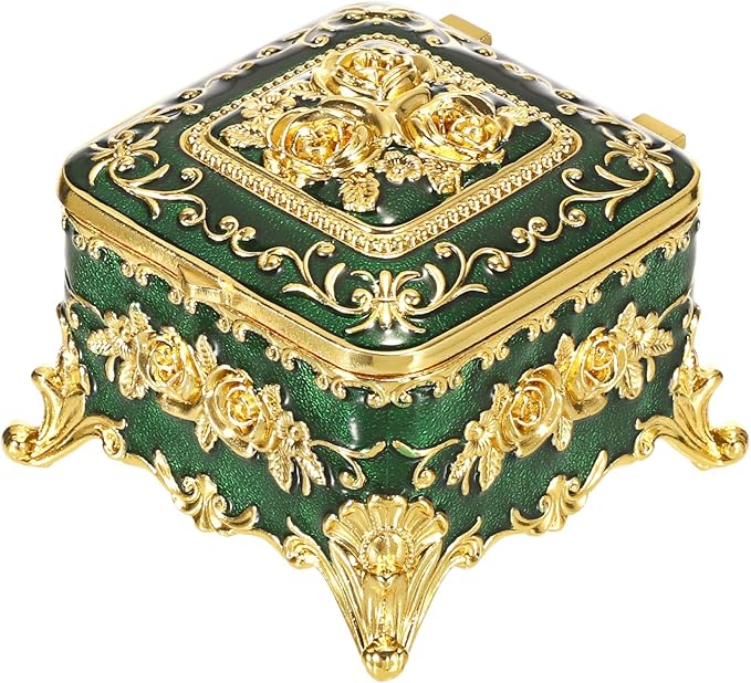 Hipiwe Vintage Jewelry Box Small Trinket Storage Organizer Box Gold Metal Chest Ring Case Treasure Chest Square Keepsake Boxes for Earrings Necklace Gift for Women,Green
