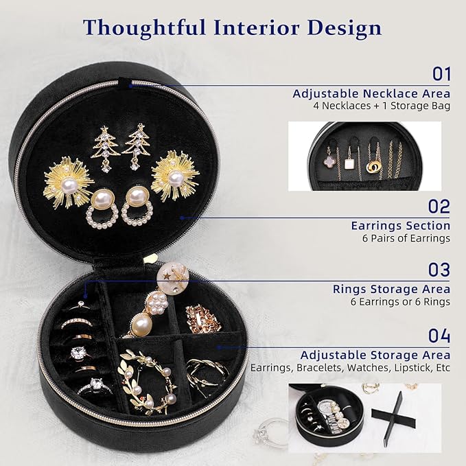 CONBOLA Travel Jewelry Case Small Jewelry Box for Women Girls,Round Velvet Jewelry Travel Organizer,Portable Jewelry Box for Rings Earrings Necklaces Bracelets.(Black,Large)
