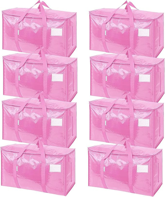 TICONN 8 Pack Extra Large Moving Bags Heavy Duty with Zippers & Carrying Handles, Durable Storage Bags Moving Boxes for Closet Organizers and Storage (8 Pack, Pink)