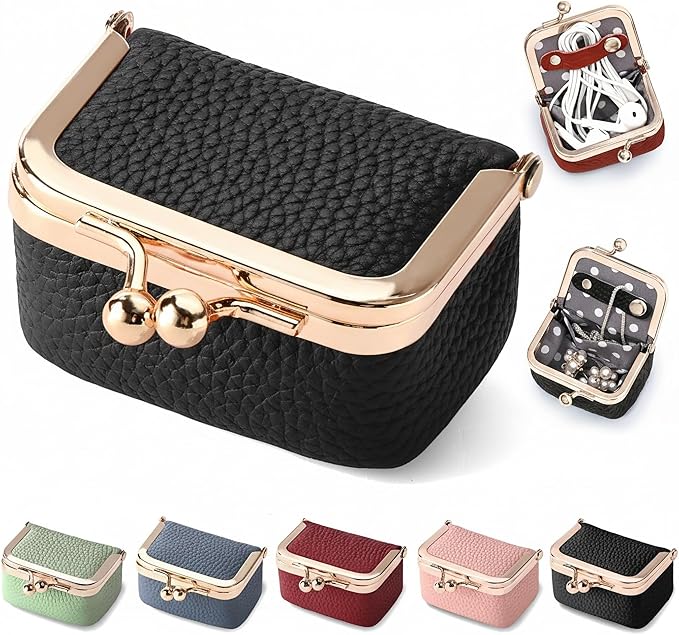 Zivyes Mini Jewelry Box Travel Small Coin Purse Organizer Case Genuine Leather Tiny Size (Black1)