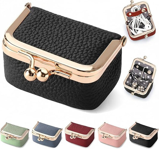Zivyes Mini Jewelry Box Travel Small Coin Purse Organizer Case Genuine Leather Tiny Size (Black1)