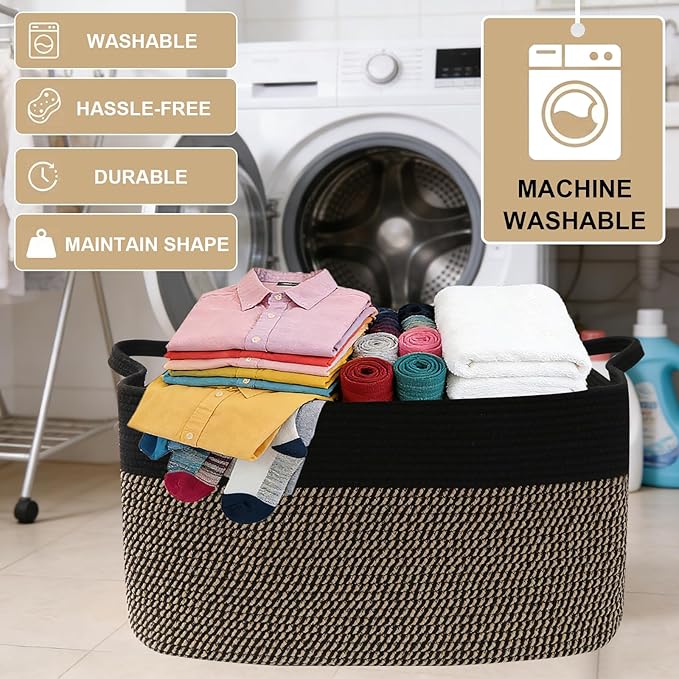 96L Large Blanket Basket,24"x16"x15"Rectangle Storage Bin with Handles,Woven Rope Laundry Basket for Toys, Clothes,Magazines,Home Organization,Nursery,Living Room & Bedroom,Black&Jute