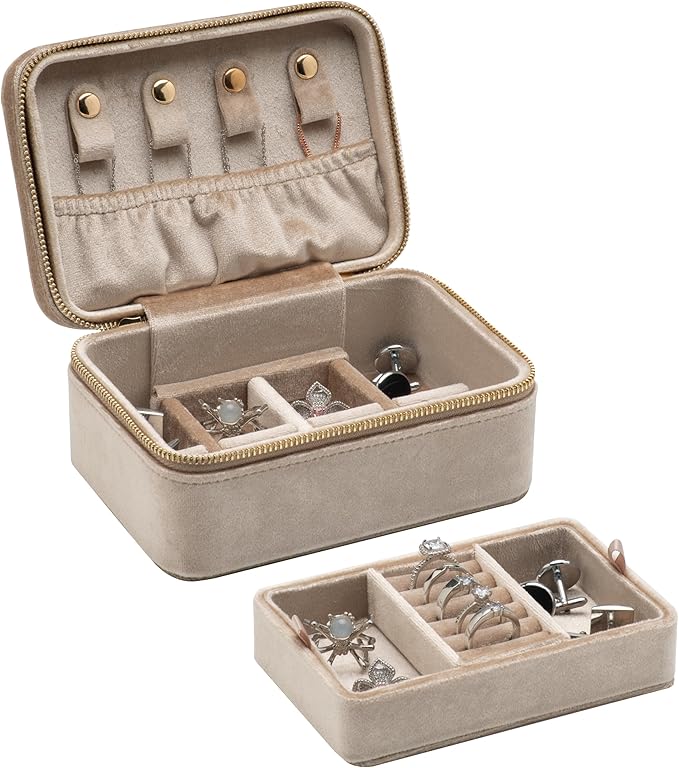 Velvet Travel Jewelry Organizer Box with Zipper Around Portable Accessory Display Tray Holder Storage Case for Multiple Earrings Rings Necklaces Bracelets (Beige)