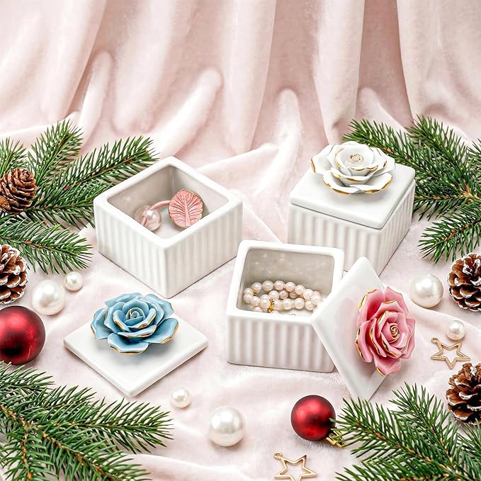 ZOOFOX 3 Pack Vintage Jewelry Box, Small Elegant Embossed Jewelry Holder with Lid and Rose-Shaped Knob, Ceramic Trinket Organizer for Women, Ring, Earrings, Necklace