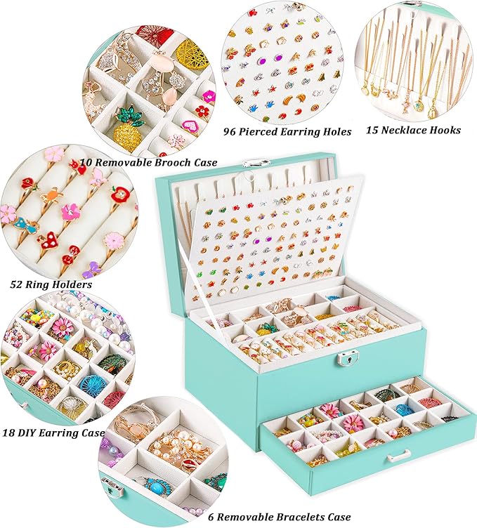 QBestry Earrings Jewelry Box for Girls, 5 Layers Jewelry Organizer with Earring Holder Organizer for Girls Earring Organizer Jewelry Boxes for Women Earrings and Necklaces Jewelry Box Organizer Teal
