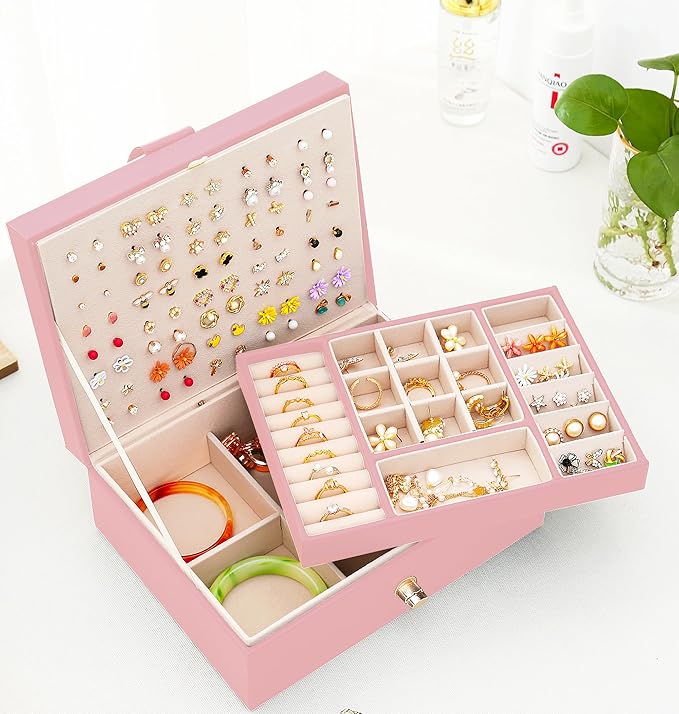 QBestry Girls Jewelry Box Earring Holder Organizer for Girls Earring Organizer Teen Jewelry Box Organizer for Girl Pink jewelry Boxes for Earrings Necklaces Rings Stud Earrings Box Organizers Teens