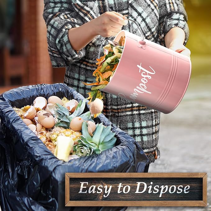 DAYYET Compost Bin Kitchen, 1.3 Gallon Farmhouse Kitchen Compost Bin Countertop, Indoor Countertop Compost Bucket with Lid and Charcoal Filters, Pink