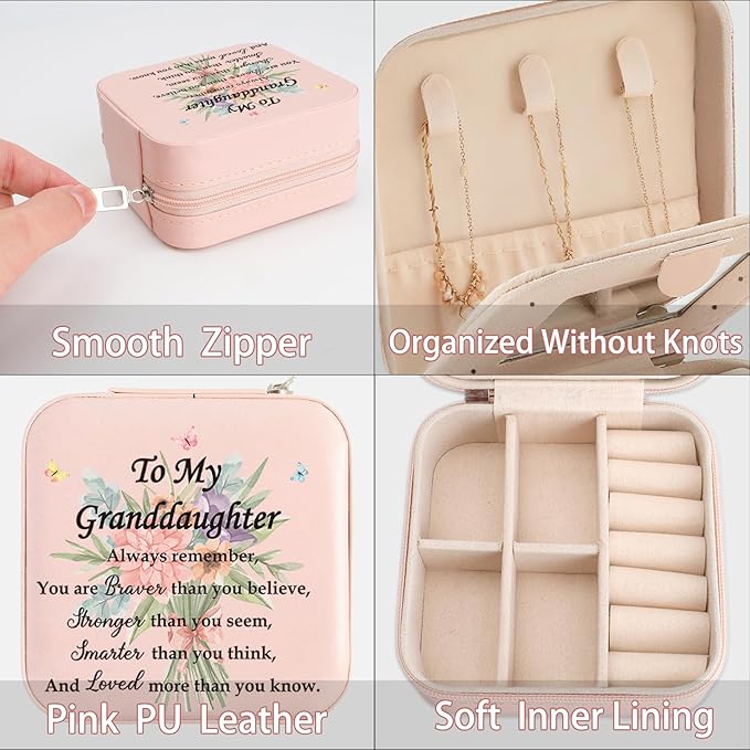 Granddaughter Valentines Day Gifts from Grandma Grandpa Graduation Birthday Gifts for Granddaughter Christmas Mothers Day Gift for Granddaughters Jewelry Box Pink Portable Travel Jewelry Case