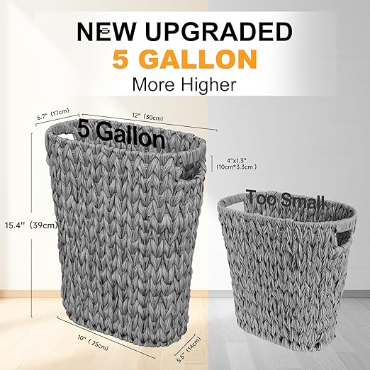 Coeusy 5 Gallon Wicker Trash Can,Wicker Bathroom Trash Can with Handles,Handwoven Waste Basket Waterproof Narrow Small Garbage Can for Bedroom,Bathroom,Office,Grey/20 Liters