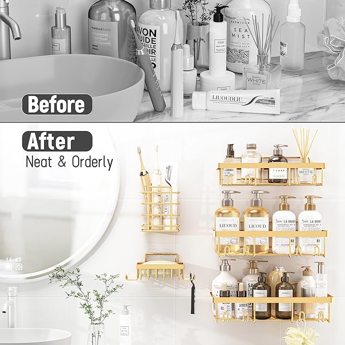 Liuoud 10 Pack Shower Caddy Organizer Rack Shelf for Inside Shower, Self Adhesive Wall Storage Basket Rustproof Stainless Steel Shampoo Holder Bathroom Accessory Decor Set, Gold