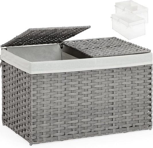 SETVSON Storage Basket with Lid Wicker Baskets for Storage with 2 Separate Lid 42.3 Gallon (160 L) 29.9 x 17.3 x 18.1 Inches Rattan Woven Large Wicker Basket with 2 Liners for Bedroom Laundry Gray