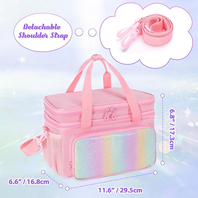 GRAOSO Double Layer Jewelry Organizer Storage for Kids Girls, Travel Jewelry Case Bag, Portable Jewelry Box with Handle and Detachable Shoulder Strap for Necklaces, Earrings, Rings, Pink (Case Only)