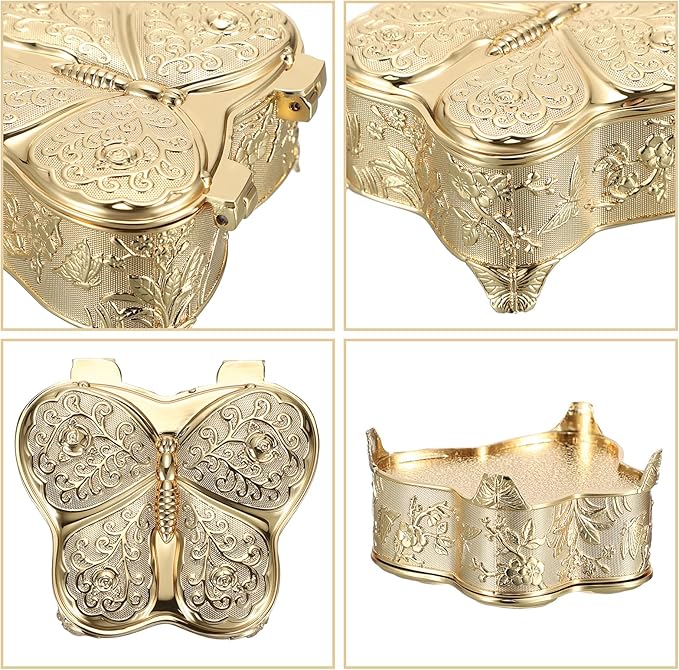 Hipiwe Vintage Jewelry Box Decorative Treasure Chest Butterfly Shape Trinket Keepsake Storage Box Gold Necklace Earring Holder Gift for Women, Small