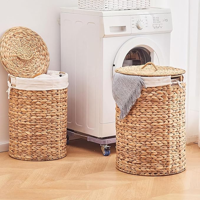 Round Water Hyacinth Laundry Hamper with Lid Handwoven Wicker Basket with Handles for Dirty Clothes, Storage, and Organization Ideal for Bedroom, Bathroom, and Laundry Room, No Assembly Required, 60L