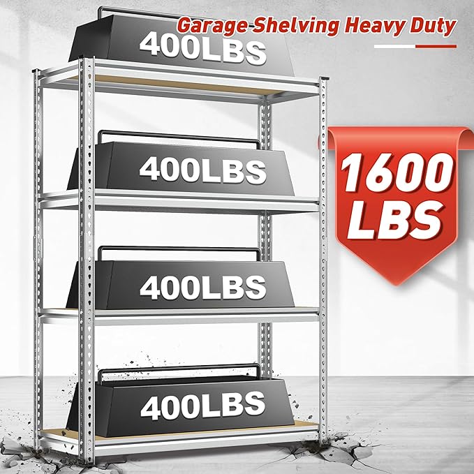 REIBII Storage Shelves Adjustable Metal Shelving 1600LBS Garage Shelves Industrial Metal Shelves 4 Tier Garage Shelving for Pantry Closet Kitchen Basement, Sliver, 11.8" D x 23.6" W x 56.7" H