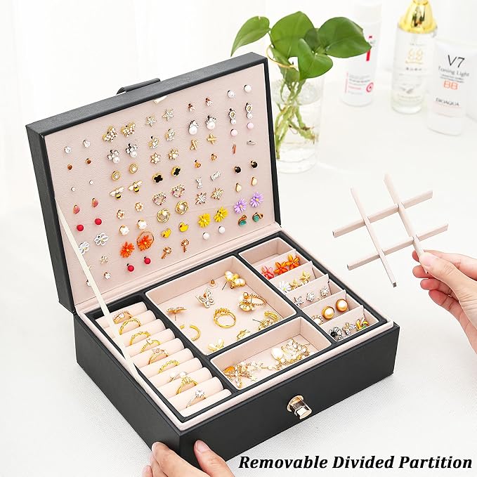 Earrings Jewelry Box for Girls, Large Capacity Jewelry Organizer with 40-Pair Earring Board, 2-Layer Leather Jewelry Storage Box for Necklaces Rings Bracelets with Removable Tray(Gift Idea),Black
