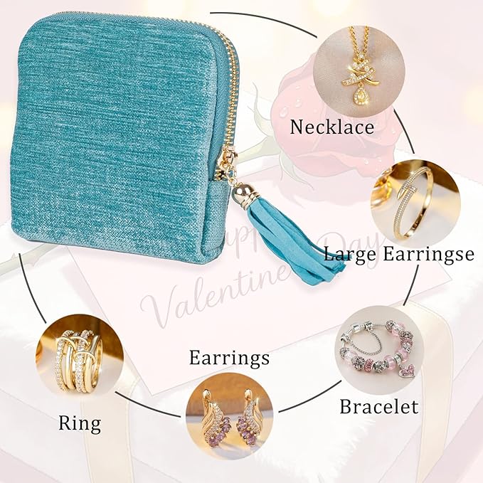 ASINGYER Travel Jewelry Storage Bag for Women, Velvet Portable Jewelry Organizer with Tassel Zipper, Small Pouches for Bracelets Necklaces Rings Earrings, Wedding Gift for Women (Sky blue)