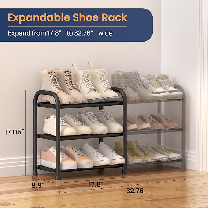 ENJOYBASICS 3 Tier Expandable Shoe Rack for Closet, Free Standing Metal Shoe Shelf Storage Organizer Holder 12 Pairs, Adjustable Width Shoe Rack for Entryway Small Space, Black | Adjustable, for Closet, Shoe Rack Storage, for Small Space, Entryway