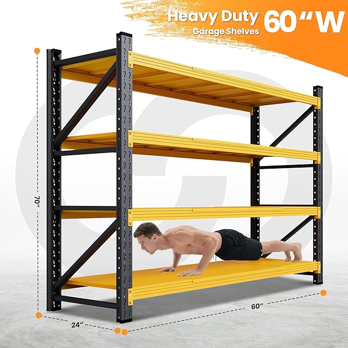 60" Wide Garage Shelving Heavy Duty, 24" Deep Large Metal Storage Shelves, 4 Tier Tall Steel Industrial Shelving, 5000 LBS Adjustable Standing Shelf for Warehouse/Shop 60" W x 24" D x 70" H