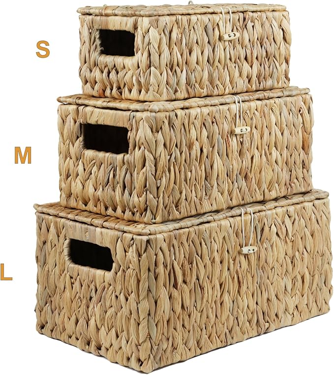 ORDELITE Large Wicker Basket with Lid, Rectangular Water Hyacinth Storage Baskets for Organizing, Woven Basket for Storage, Decorative Boxes Bins with Lids Home Organizer Decor