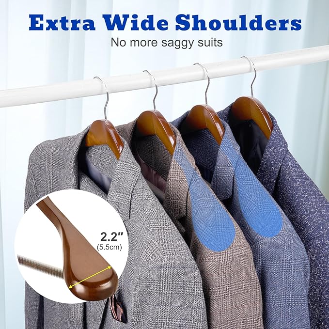 HOUSE DAY Wood Suit Hangers for Men 24 Pack, Smooth Wide Shoulder Wooden Hangers with Non Slip Pant Holder, Wide Hangers for Suits, Coats, Jackets, Heavy Wide Clothes Hanger, Walnut
