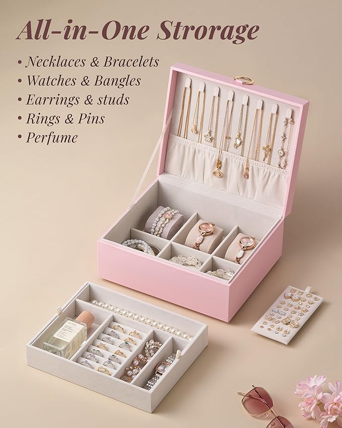 pickpiff 2 Layer Jewelry Box Organizer for Women, Jewelry Organizer with Handle & Removable Tray, Necklace Holder Ring Earring Storage, Velvet Lined Jewelry Case for Home or Travel, Gift Ready, Pink