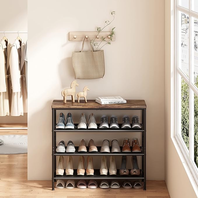 INGIORDAR Shoe Rack Organizer 4 Tier Metal Organizer Shelf with Industrial MDF Board and Layer Fabric for Entryway Closet Bedroom Living Room Garage,Black & Rustic Brown (Black+Rustic Brown, 4 Tier)