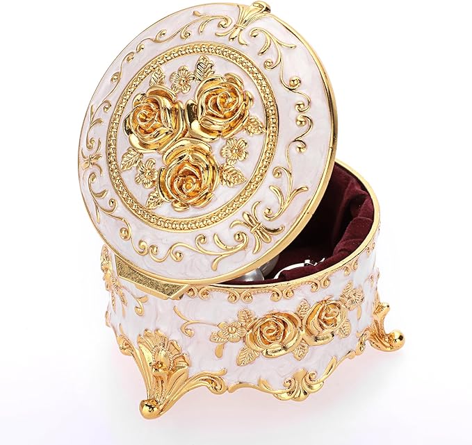 Hipiwe Vintage Round Jewelry Box Small Trinket Storage Organizer Box Gold Metal Chest Ring Case Treasure Box Keepsake Box Earrings Necklace Storage Box Gift for Women, Small