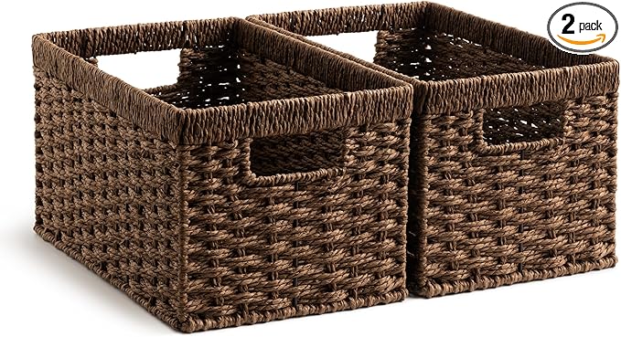 StorageWorks Round Paper Rope Storage Baskets, Rectangular Wicker Baskets with Built-in Handles, Medium, 2-Pack