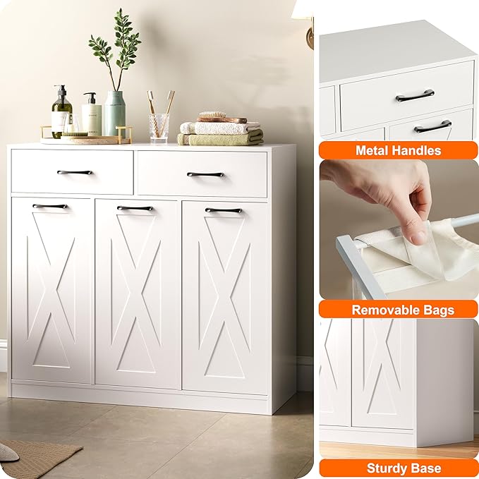 Herture Laundry Hamper Cabinet, Laundry Basket 3 Section with 2 Storage Drawers, Laundry Sorter with Pull-Out Removable Large Bags, 3 x 15.87 Gallons (60L), for Laundry Room Bathroom, White YL01XLW