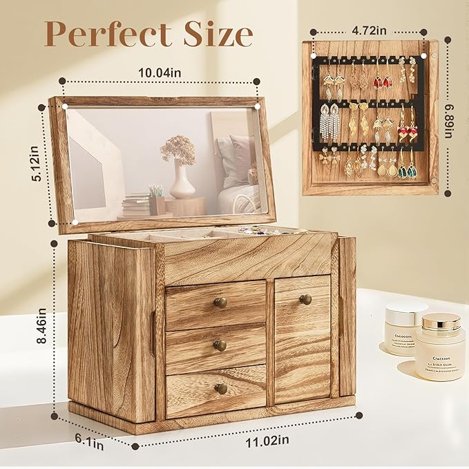 Poyilooo Jewelry Box Organizer, Solid Wood Jewelry Boxes fow Women with Mirror, Double Layer Jewelry Organizer Box Display Earring Necklace Bracelet Ring, Rustic Style Small Jewelry Box for Girls