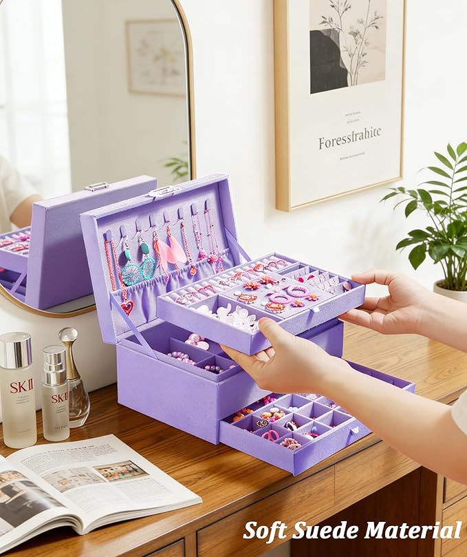 QBestry 3-Layer Jewelry Box for Girls & Teens with Lock and Key, Large Jewelry Organizer with 8 Necklace Hooks & 56 Earring Holes, Violet Velvet Jewelry Storage Box for Necklace Earring Ring Bracelet