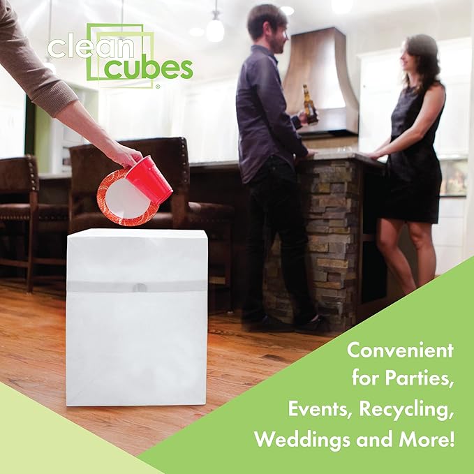 Clean Cubes 13 Gallon Disposable Pop-Up Trash Cans (3-Pack) with Fitted Bags – Foldable Garbage & Recycling Bins for Parties, Events & Kitchen (White, 17" H x 13.5" W x 10" D)