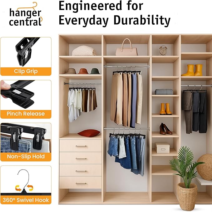 Hanger Central 30 Pack Pants Hangers Slim Plastic Clothes Hangers with Clips for Skirts, Shorts & Trousers – Non Slip Grip, Heavy Duty Space Saver with Swivel Hook – Black Closet Organizer - 12 Inch