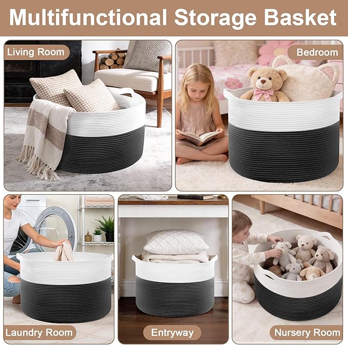 XXXL Large Laundry Basket, 105L Soft Cotton Rope Basket, Blanket Storage and Organizers, Baby Nursery Laundry Hamper, Extra Large Toys Storage Bins for Kids 23.6'' x 14.6'', White & Black